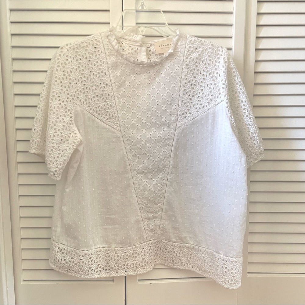 Sezane White Cotton Embroidery Blouse